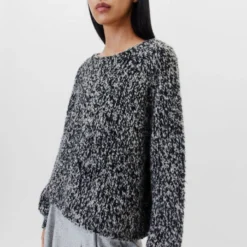 Pullover In Two-tone Mouliné Garn Schwarz