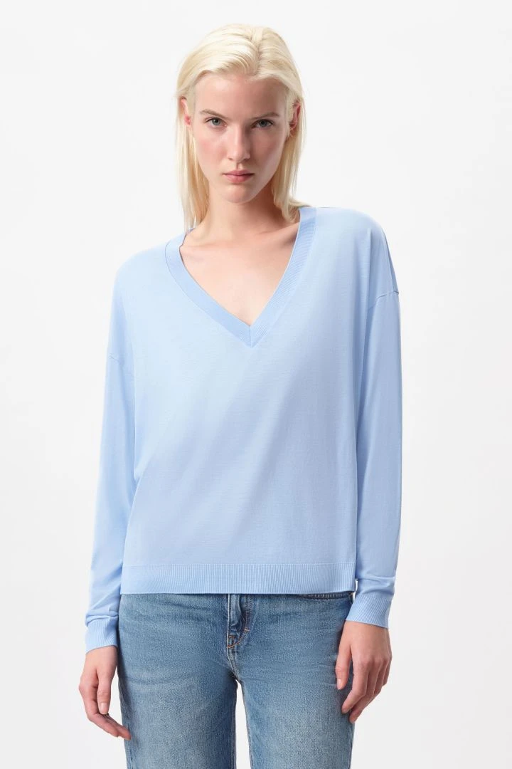 DRYKORN Longsleeve Mit V-Neck In Strickoptik Blau 3 DRYKORN Longsleeve Mit V-Neck In Strickoptik Blau